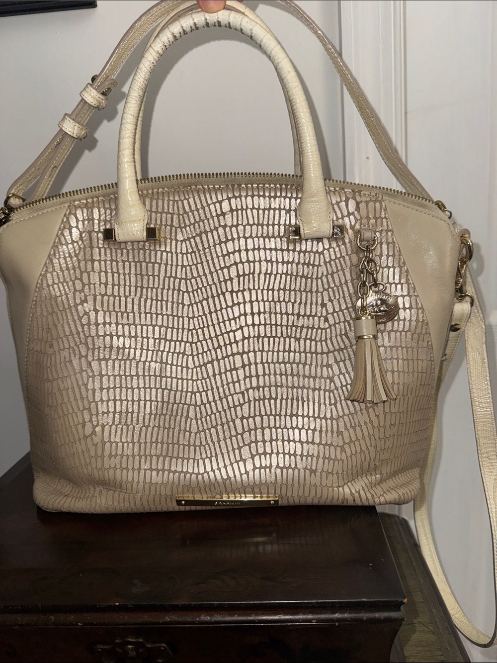 Brahmin Satchel in Light Beige Croc Embossed Leather Crossbody Strap